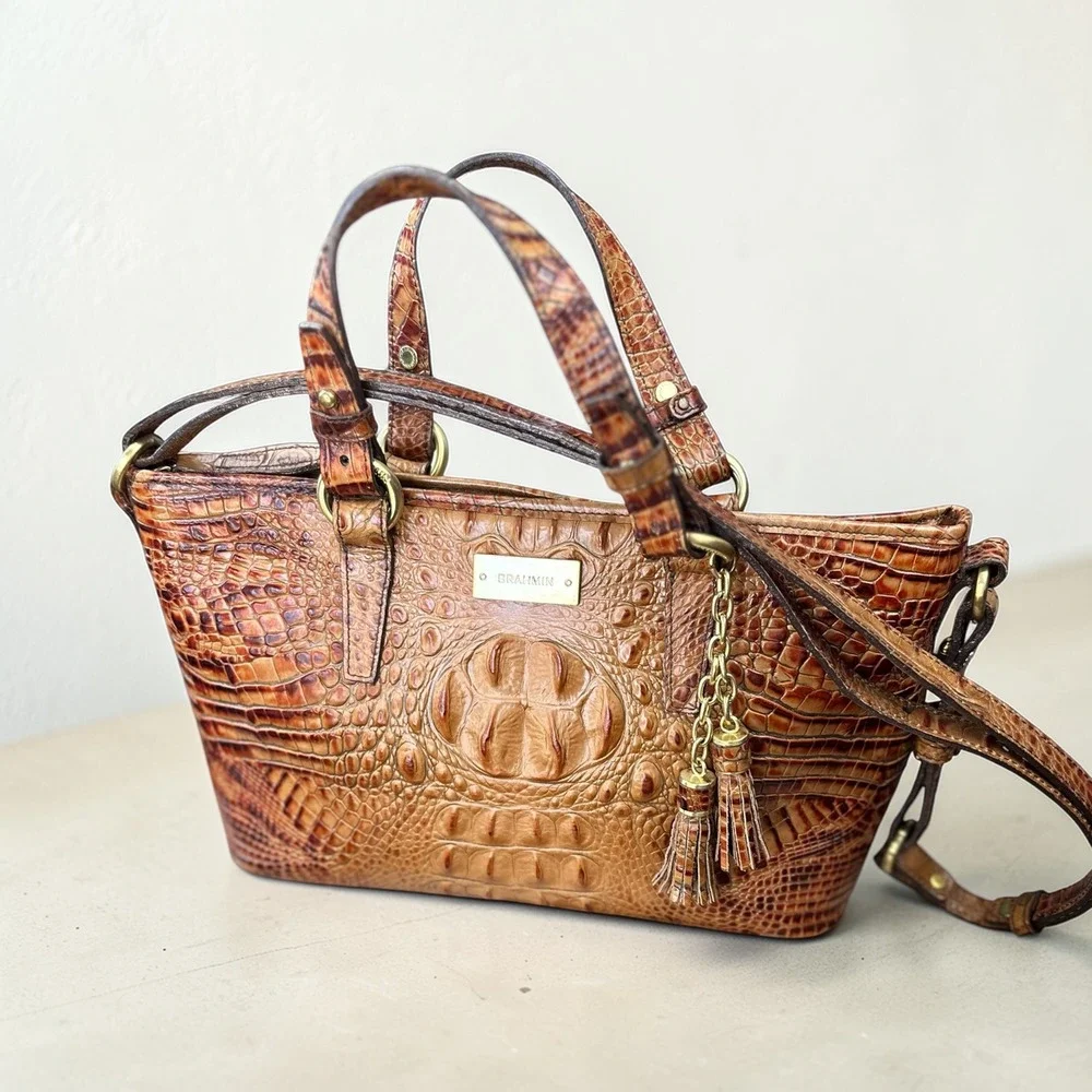 Brahmin Mini Asher Satchel Bag Pecan Melbourne Croc‎ Embossed Leather Crossbody